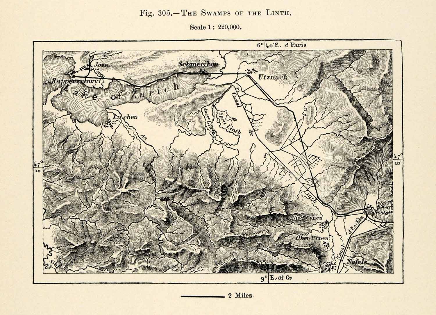 1882 Relief Line-block Map Switzerland Swamps Linth Lake Zurich Utznach XGS6