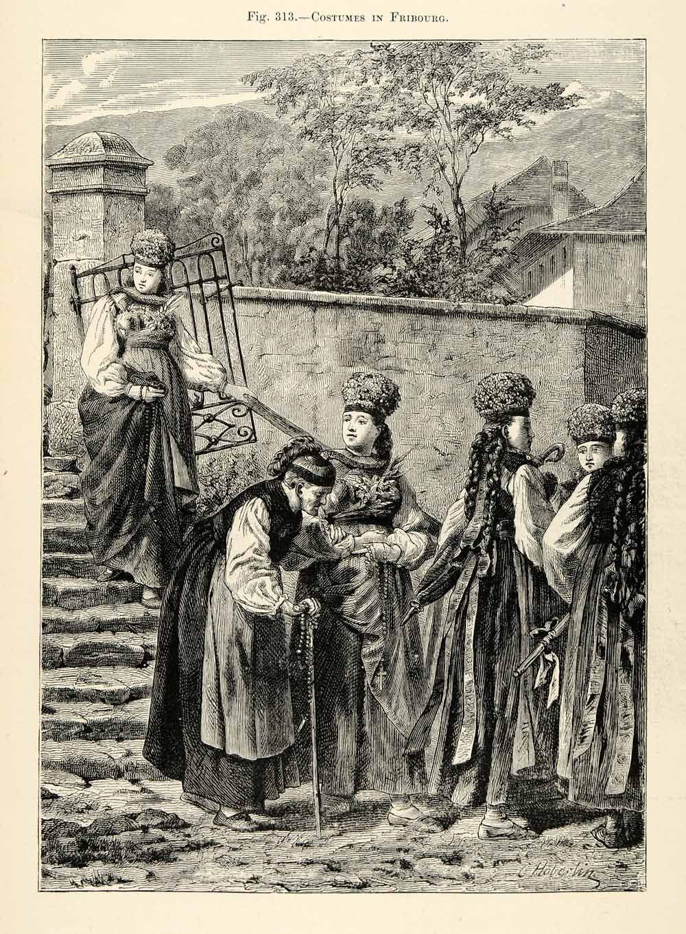 1882 Wood Engraving Costumes Fribourg Switzerland Dress Hat Formal XGS6