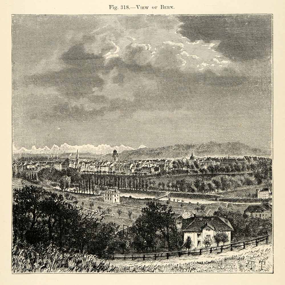 1882 Wood Engraving Bern Switzerland City Cityscape Valley Town Countryside XGS6