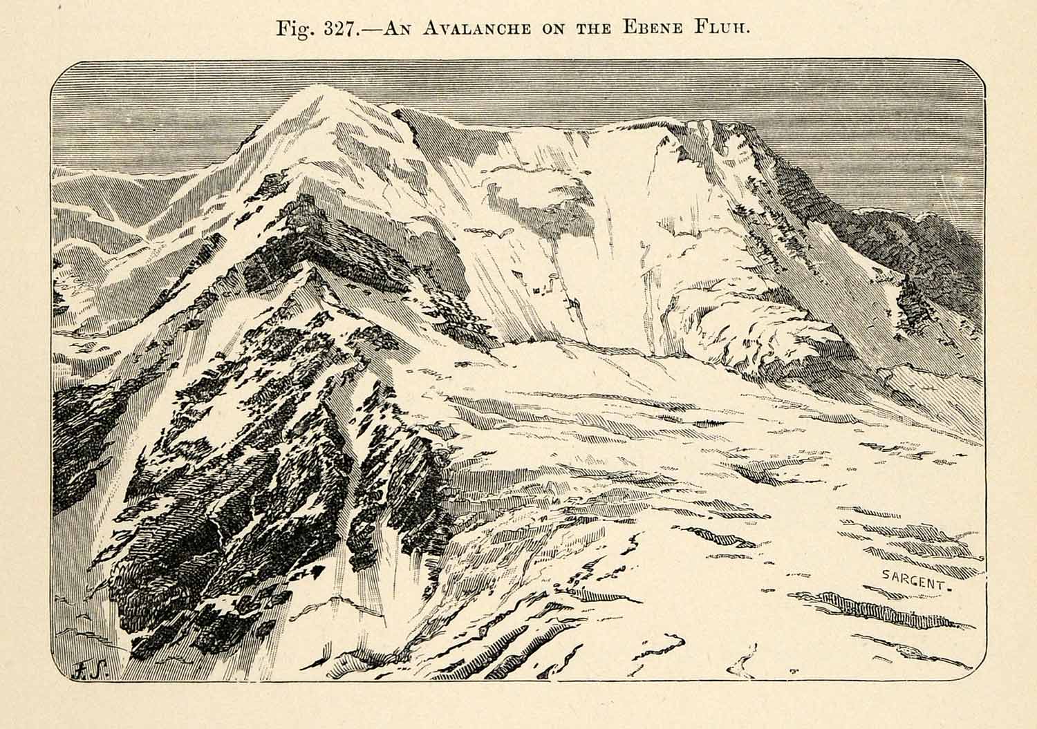 1882 Wood Engraving Avalance Ebene Fluh Switzerland Mountain Alps Snow XGS6