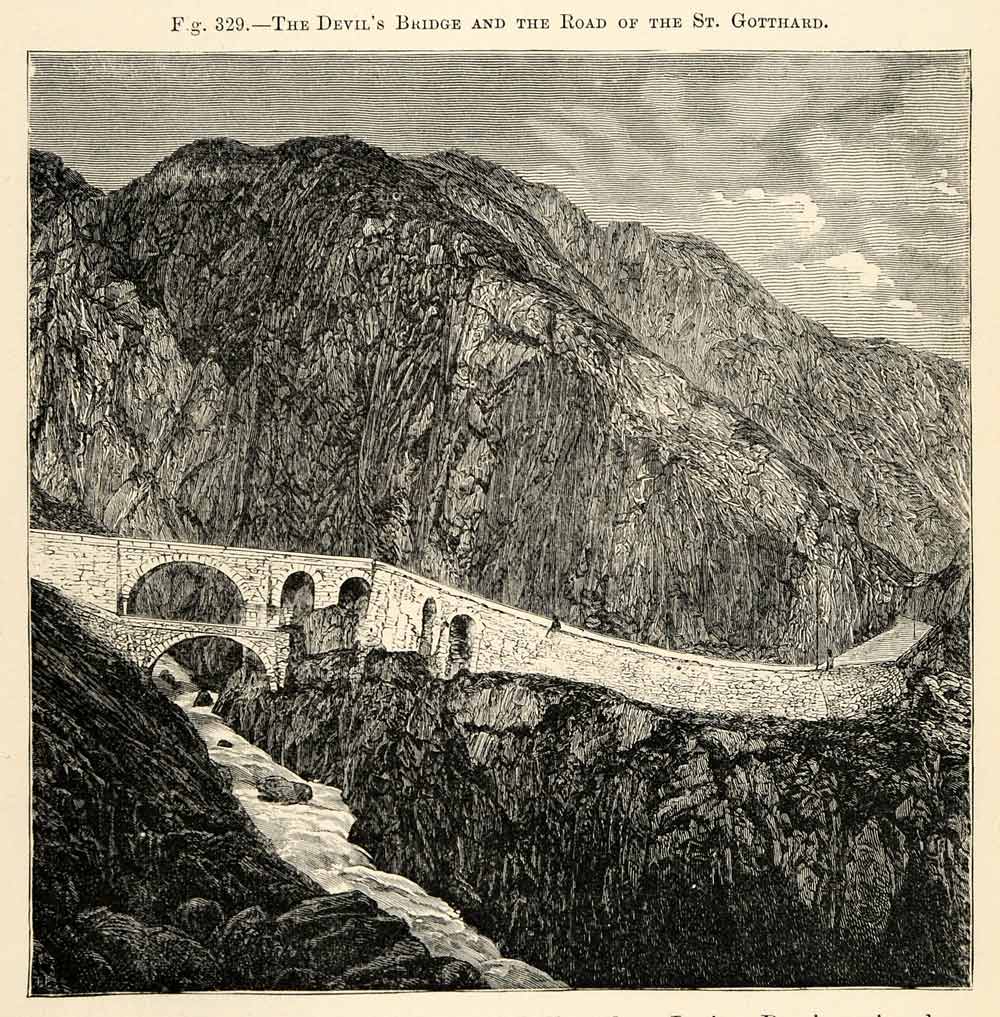 1882 Wood Engraving Devil Bridge Road Saint Gotthard Alps Arch Switzerland XGS6