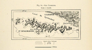 1882 Relief Line-block Map San Clemente Lesina Spalmadori Map Adriatic Sea XGS6