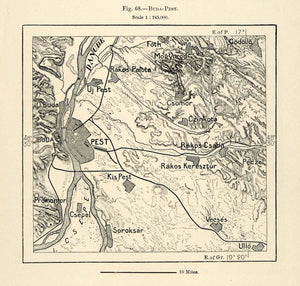 1882 Relief Line-block Map Budapest Hungary Rakos Map Soroksar Danube River XGS6