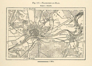 1882 Relief Line-block Map Frankfort Offenbach Main Bockenheim Map XGS6