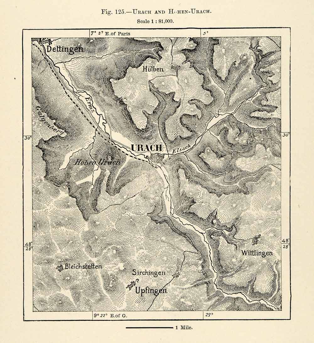 1882 Relief Line-block Map Urach Hohen-Urach Upfingen Map Germany Dett ...