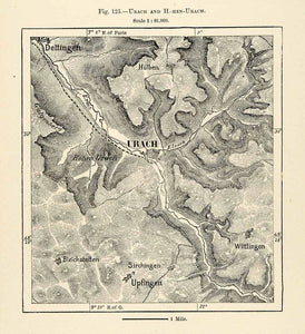 1882 Relief Line-block Map Urach Hohen-Urach Upfingen Map Germany Dettingen XGS6