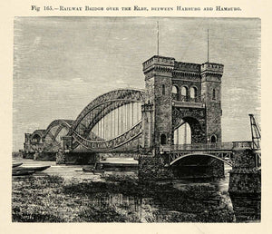 1882 Wood Engraving Railway Transit Bridge Elbe River Harburg Hamburg XGS6