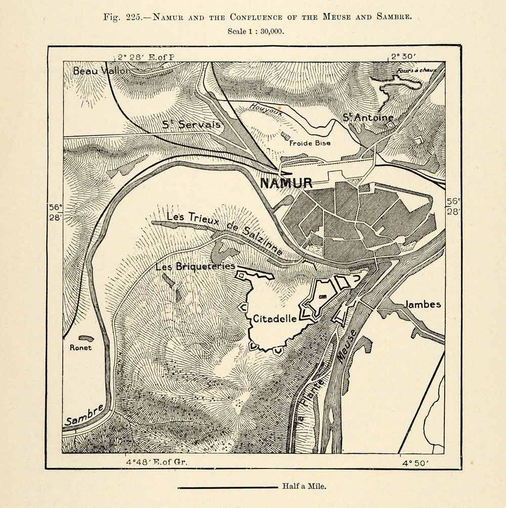 1882 Relief Line-block Map Belgium Namur Briqueteries Map Ronet Meuse XGS6