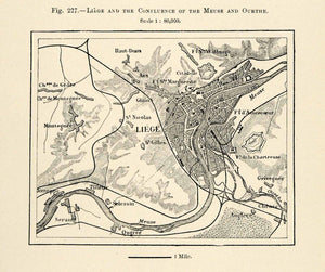 1882 Relief Line-block Map Meuse Ourthe Liege River Belgium Montegnee Haut XGS6