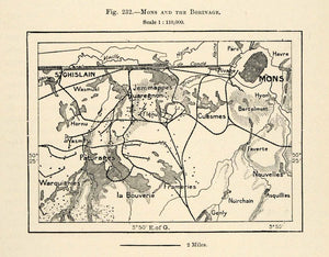 1882 Relief Line-block Map Belgium Mons Map Wasmuel Paturages Bouverie XGS6