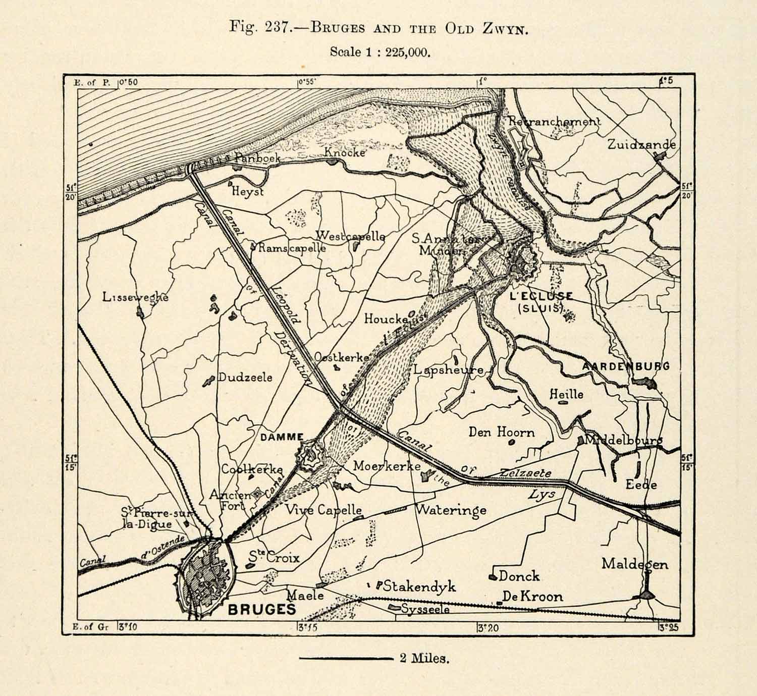 1882 Relief Line-block Map Belgium Bruge Map Heille Donck Dudzeele XGS6