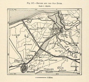 1882 Relief Line-block Map Belgium Bruge Map Heille Donck Dudzeele XGS6