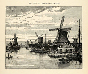 1882 Wood Engraving Windmill Zaandam Netherlands Traditonal Dock Lock Canal XGS6