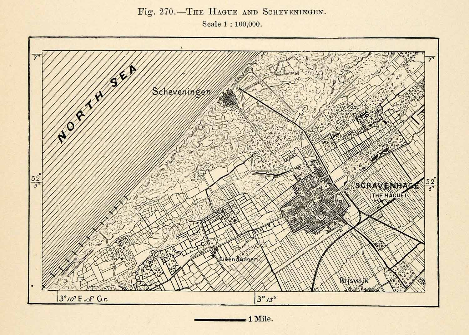 1882 Relief Line-block Map Netherlands Hague Scheveningen North Sea Map XGS6