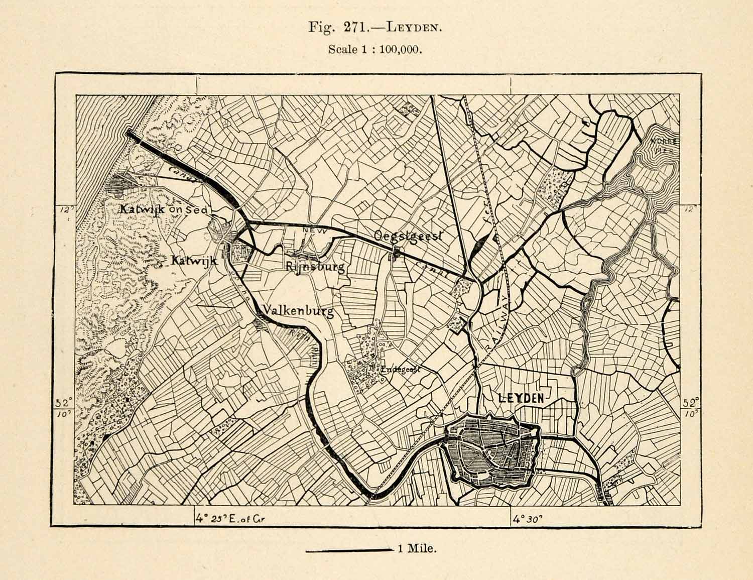 1882 Relief Line-block Map Leiden Map South Holland Kalwijk Valkenburg XGS6