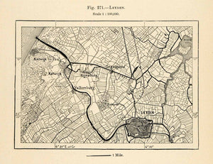 1882 Relief Line-block Map Leiden Map South Holland Kalwijk Valkenburg XGS6