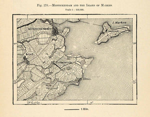 1882 Relief Line-block Map Netherlands Monnickendam Island Marken XGS6