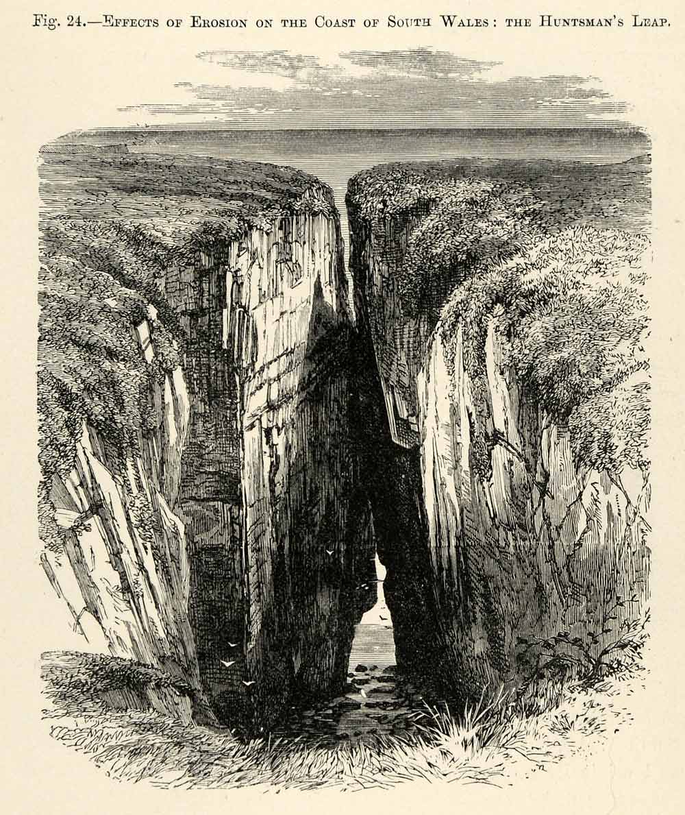 1882 Wood Engraving Wales Erosion South Wales Huntsman's Leap Geology Coast XGS6