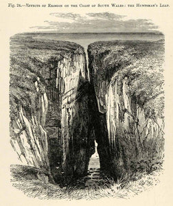 1882 Wood Engraving Wales Erosion South Wales Huntsman's Leap Geology Coast XGS6