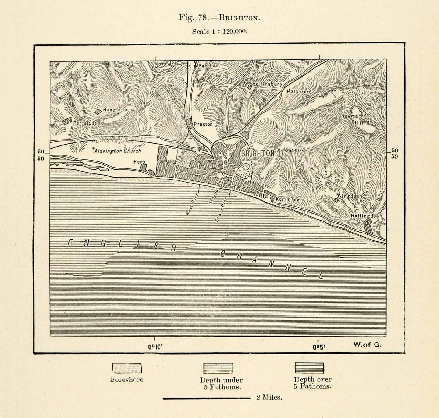 1882 Relief Line-block Map Brighton English Channel Map Aldrington Church XGS6