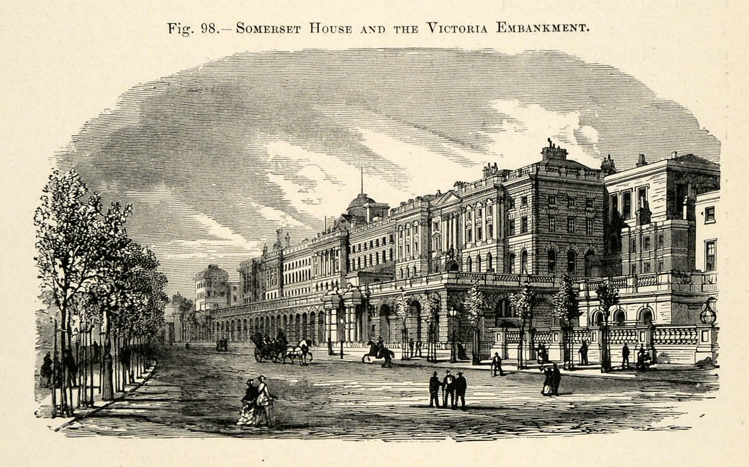 1882 Wood Engraving Somerset House Victoria Embankment London England XGS6