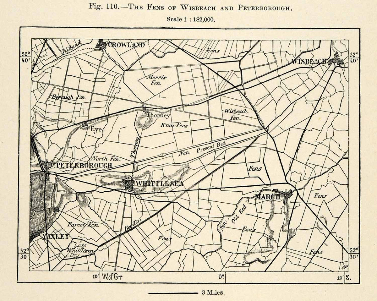 1882 Relief Line-block Map Fens Wisbeach Peterborough Crowland Map Mar ...