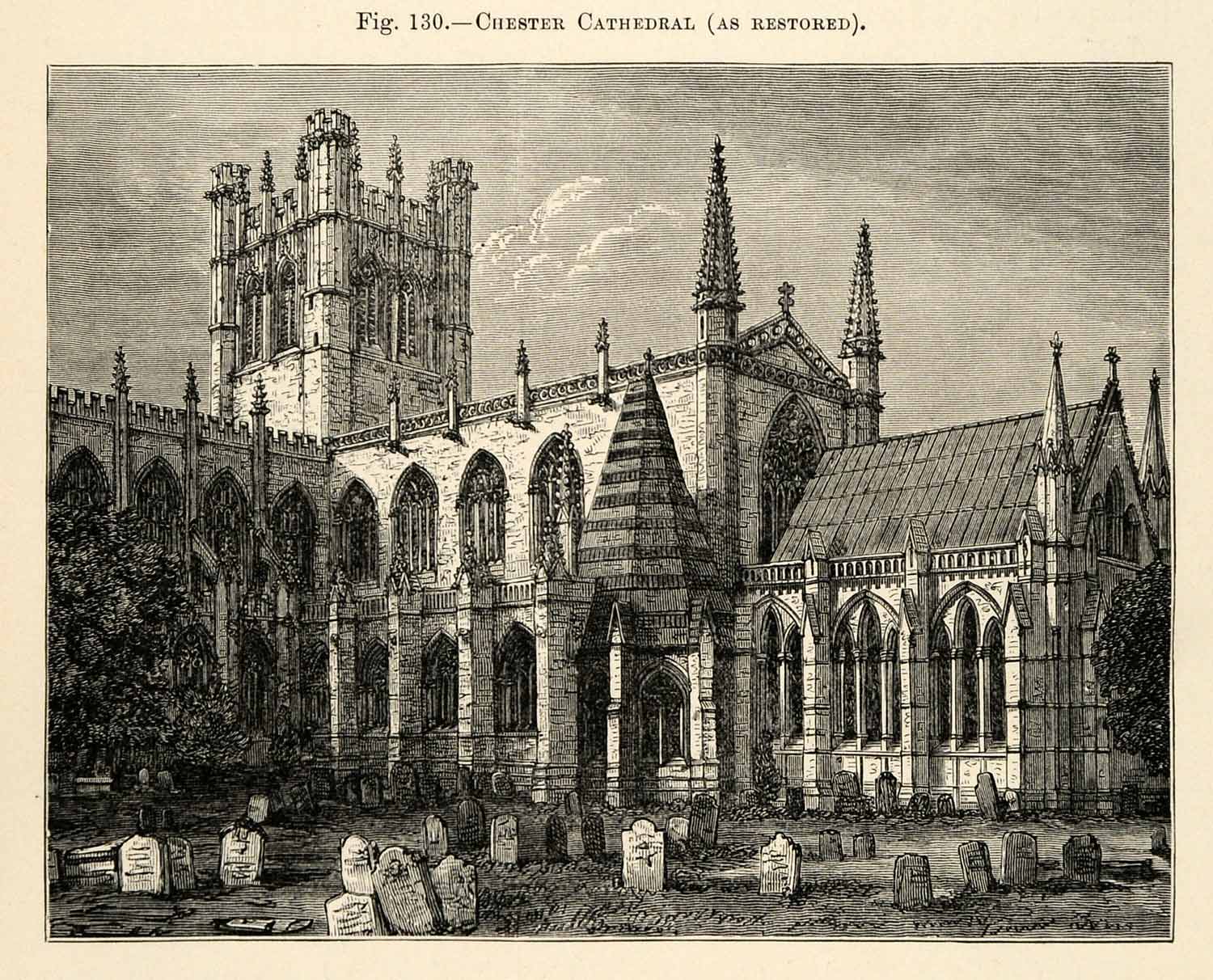 1882 Wood Engraving Chester Cathedral Cheshire England Architecture XGS6