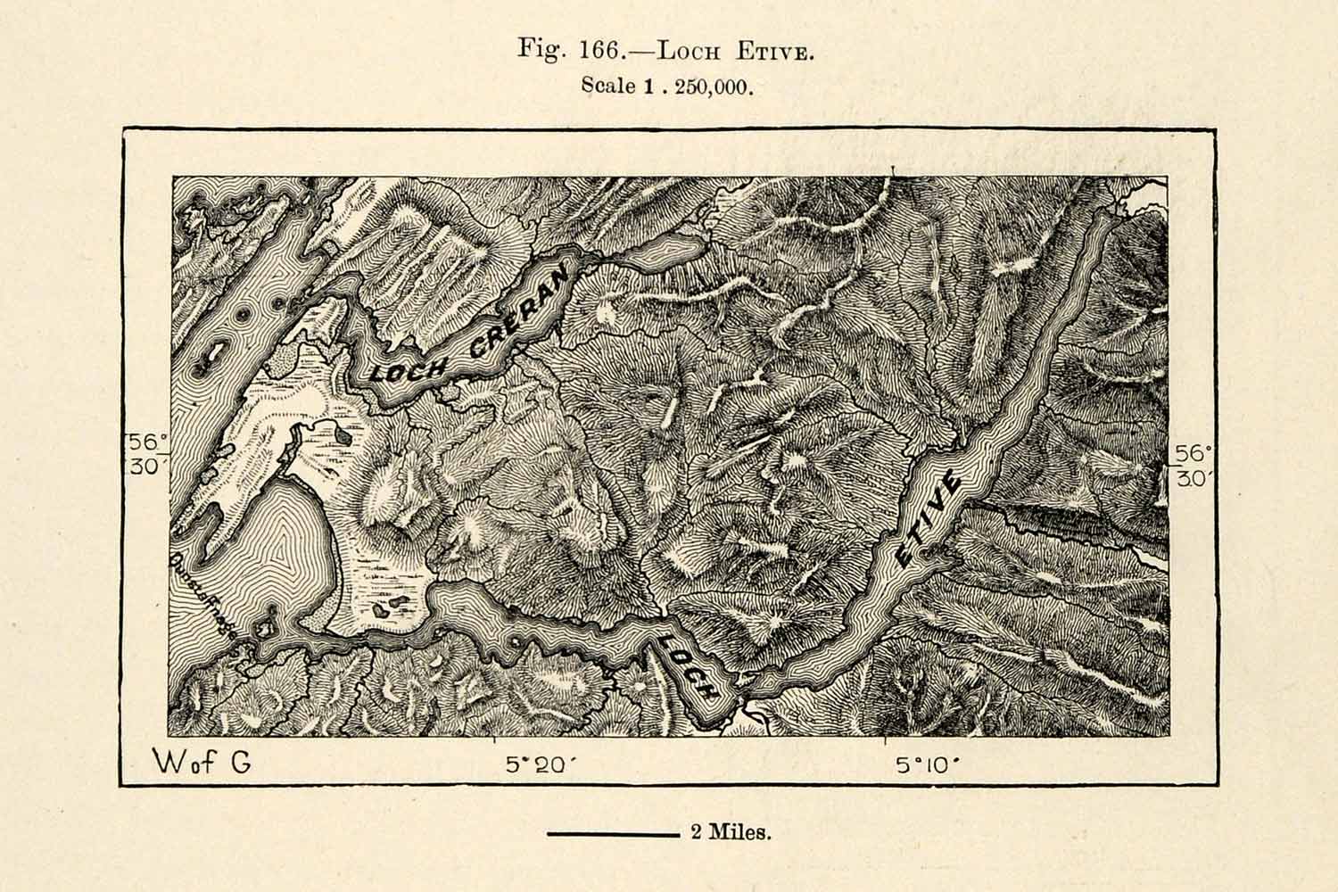 1882 Relief Line-block Map Loch Etive Scotland Terrain Geography Creran XGS6