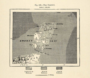 1882 Relief Line-block Map Orkney Islands Scotland Ocean Region Peninsula XGS6