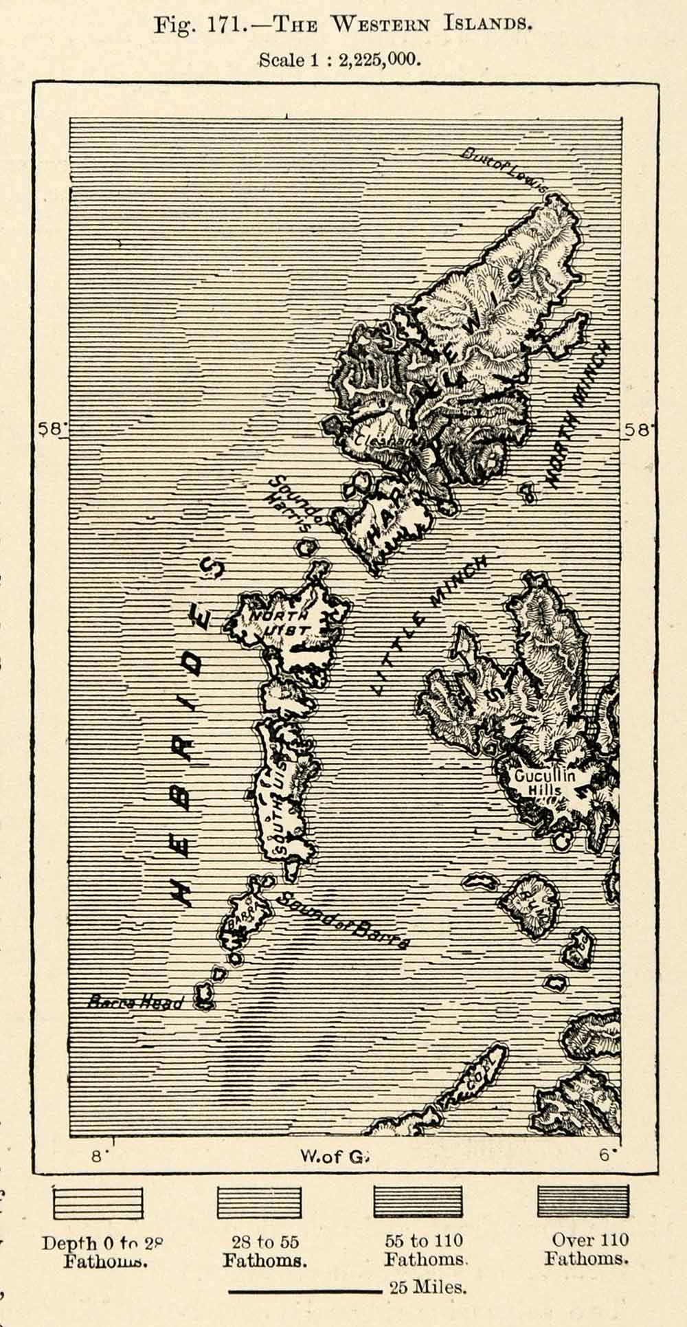 1882 Relief Line-block Map Outer Hebrides Islands Scotland Region Coast XGS6