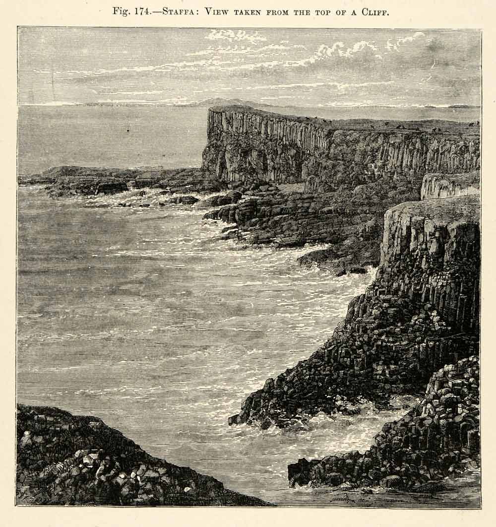 1882 Wood Engraving Cliff Scotland Hebrides Island Coast Ocean Waves Beach XGS6