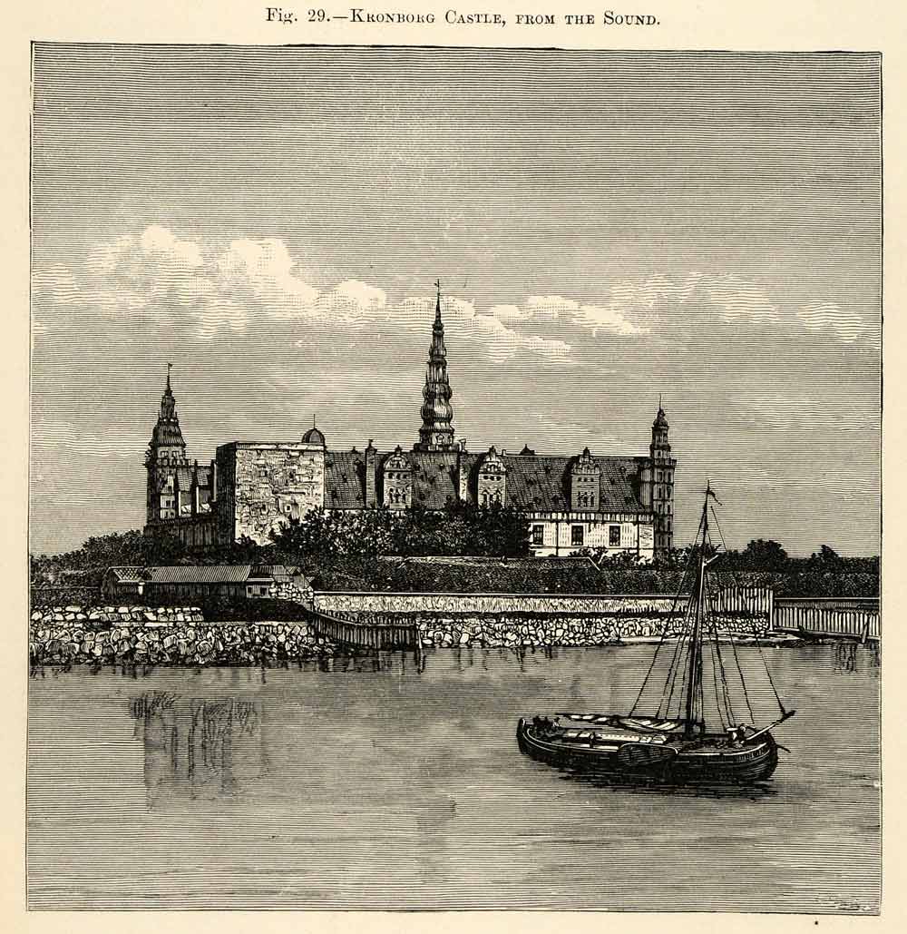 1882 Wood Engraving Kronborg Castle Oresund Denmark Helsinger Zealand XGS6