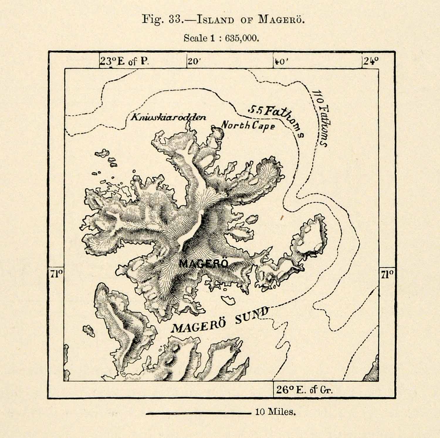 1882 Relief Line-block Map Magero Island Norway Scandinavia Map Topography XGS6