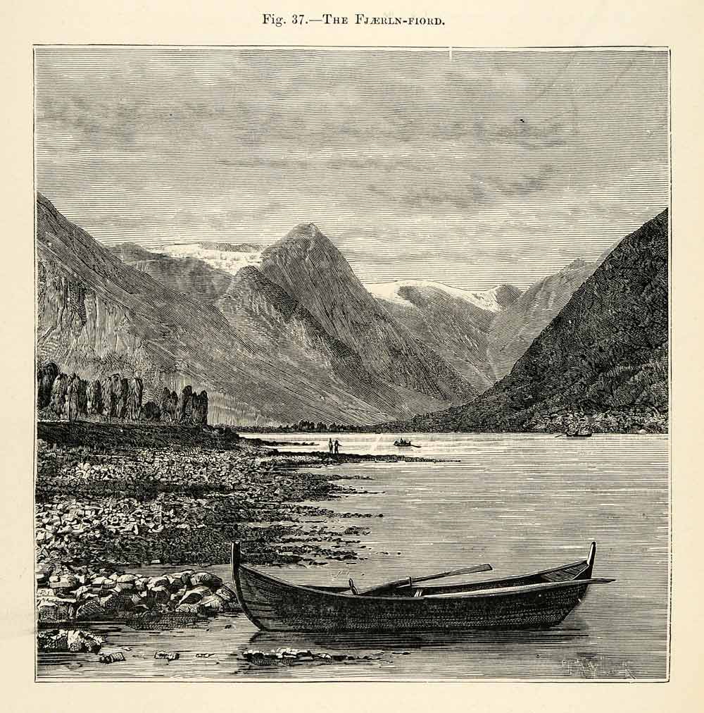 1882 Wood Engraving Fjaerln Fjaerland Fjord Glacier Norway Sogndal Sea Boat XGS6