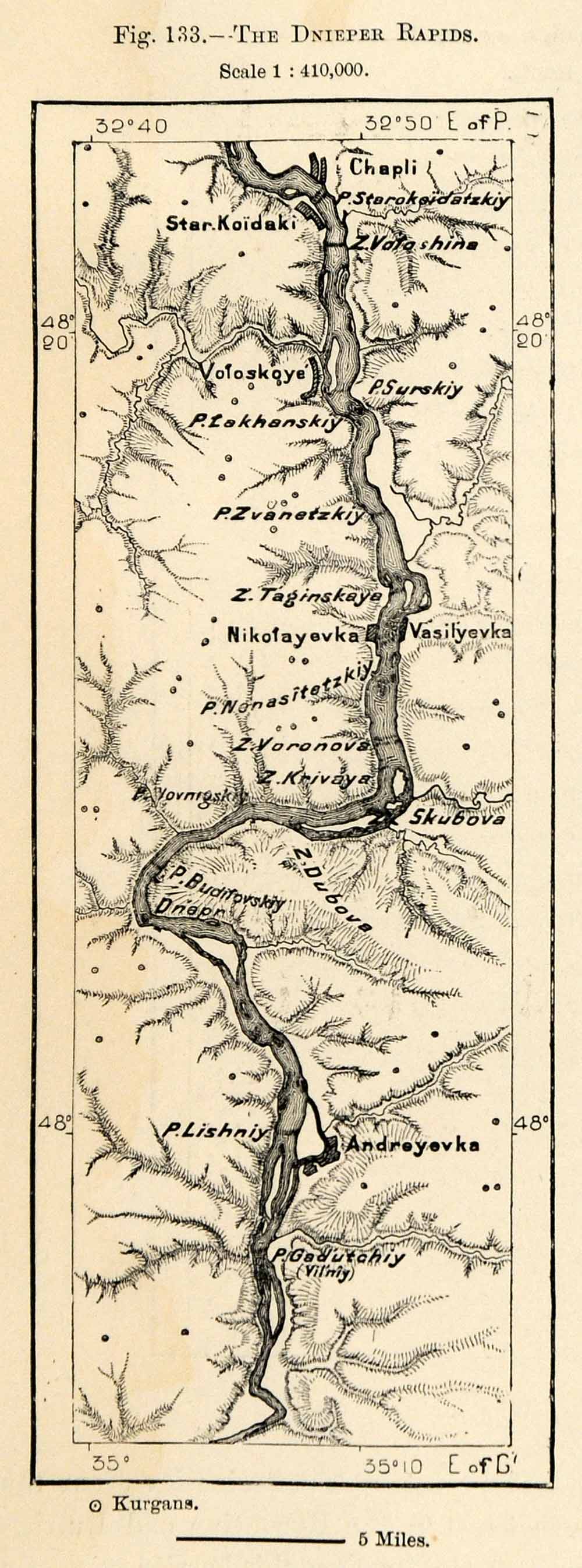 1882 Relief Line-block Map Dnieper River Rapids Chapli Skubova Andreyevka XGS6