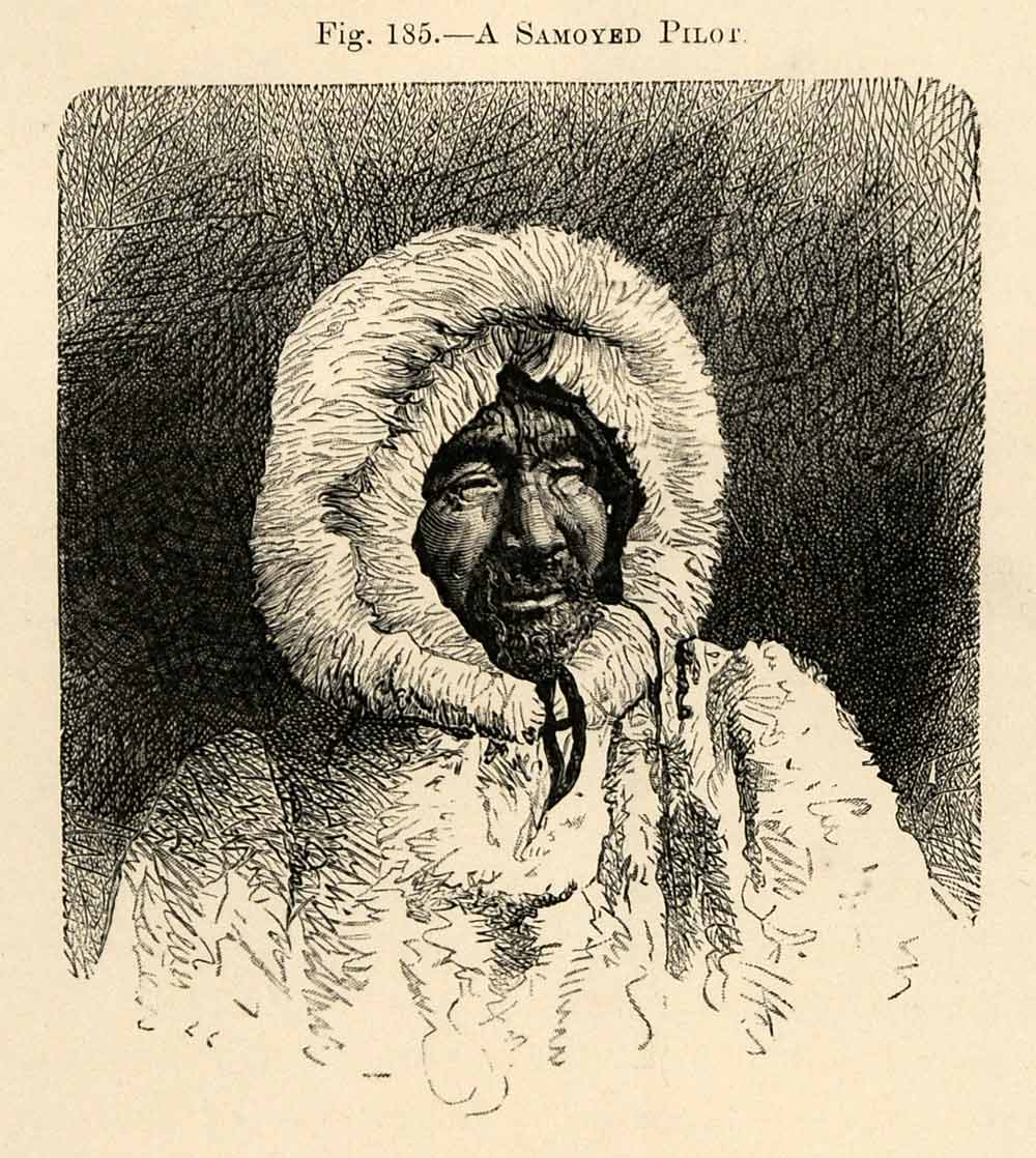 1882 Wood Engraving Samoyed Pilot Fur Parka Siberia Arctic Circle Russia XGS6