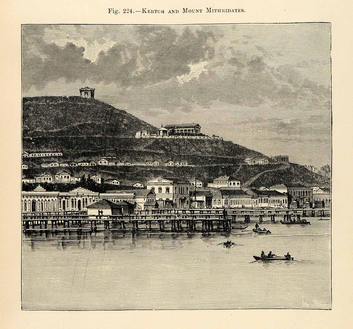 1882 Wood Engraving Kertch Mount Mithridates Bosporos Straight Landscape XGS6