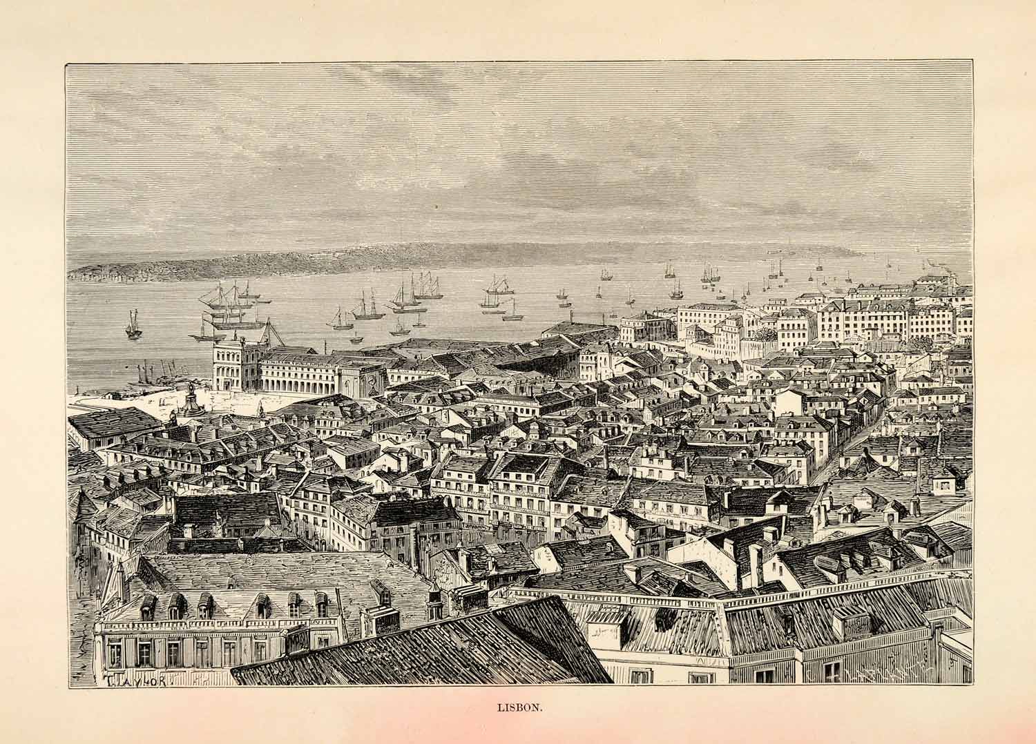 1882 Antique Wood Engraving Art Lisbon Portugal Cityscape Harbor Coastal XGS6