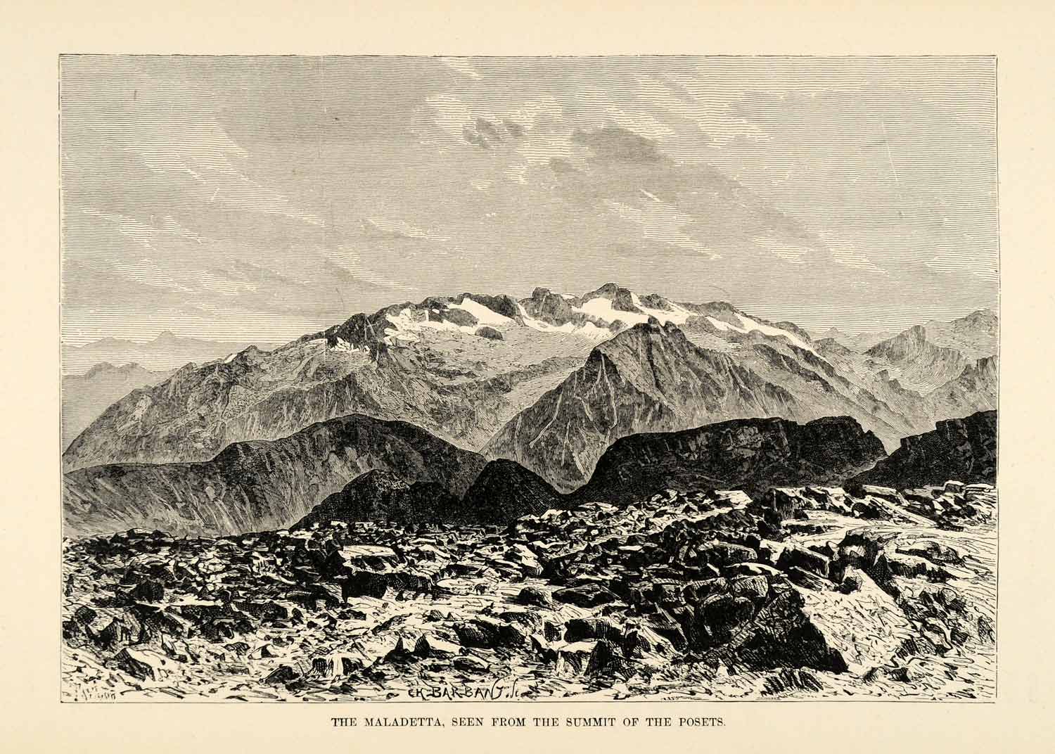 1882 Wood Engraving Pico de la Maladetta Mountain Posets Summit Spain ...