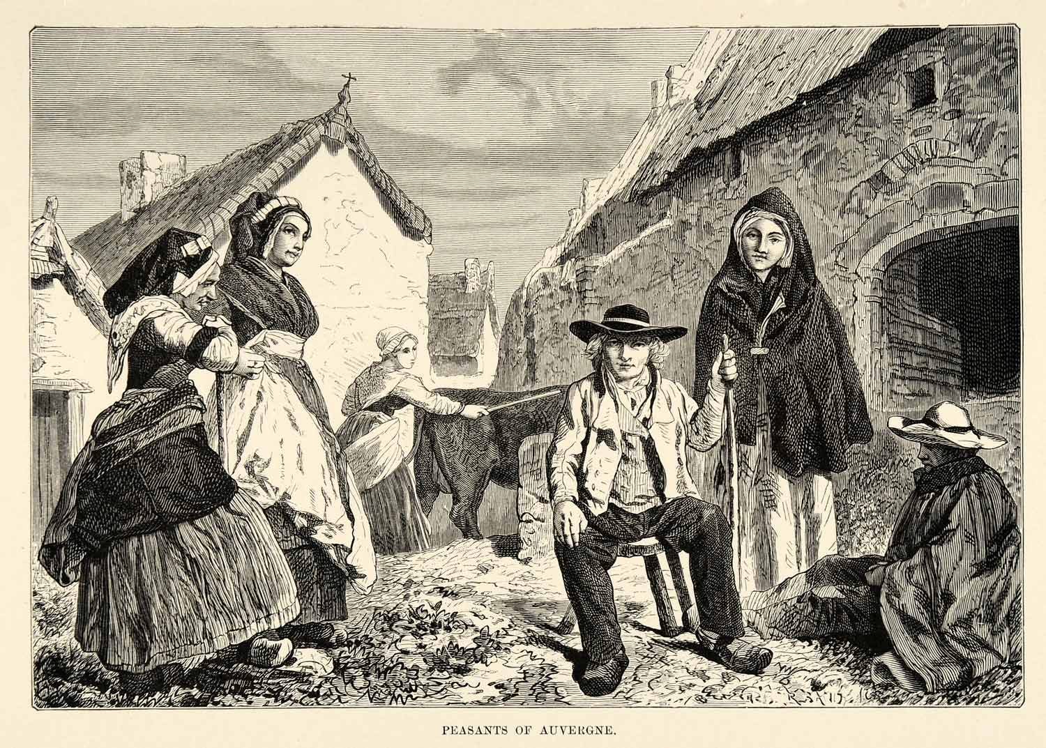 1882 Wood Engraving Art Auvergne France Peasants Cultural Costume Fashion XGS6