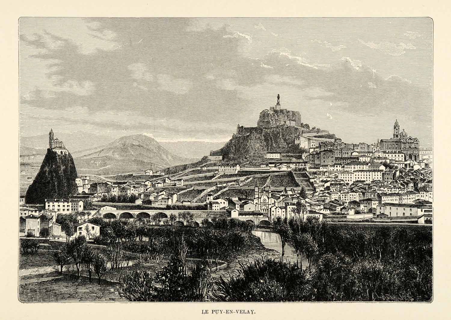 1882 Antique Wood Engraving Art Le Puy En Velay France Cityscape