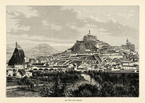 1882 Antique Wood Engraving Art Le Puy En Velay France Cityscape XGS6