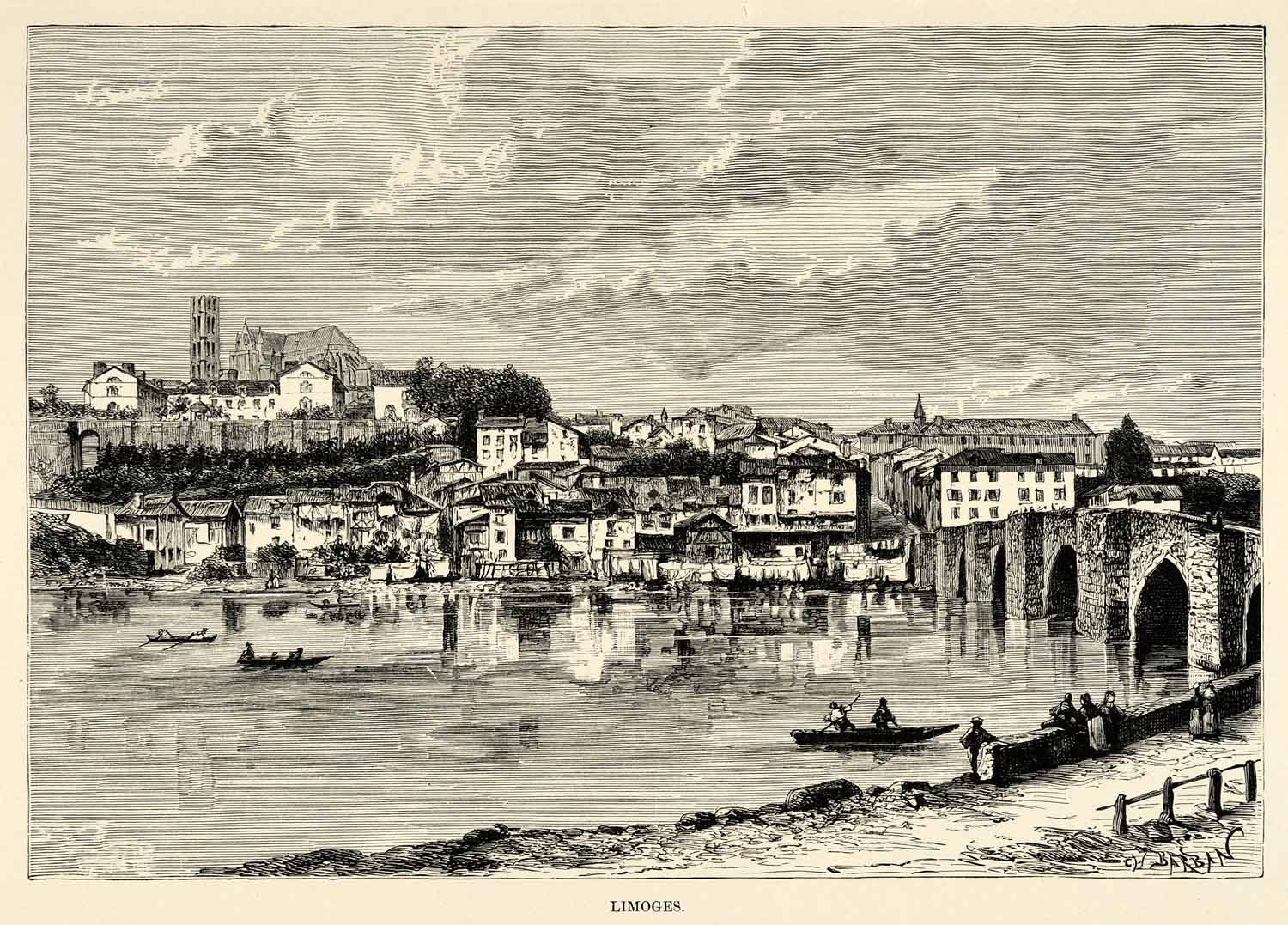 1882 Antique Wood Engraving Art Limoges France Cityscape Coastal Town XGS6