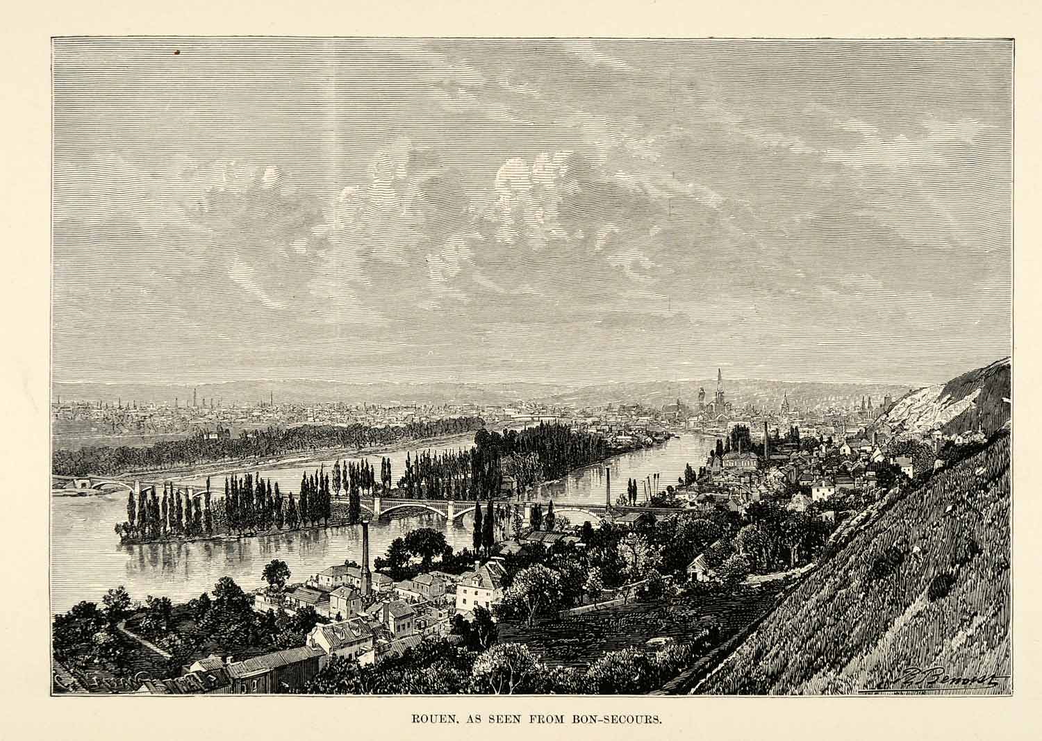 1882 Antique Wood Engraving Art Rouen France Cityscape Bon Secours XGS6