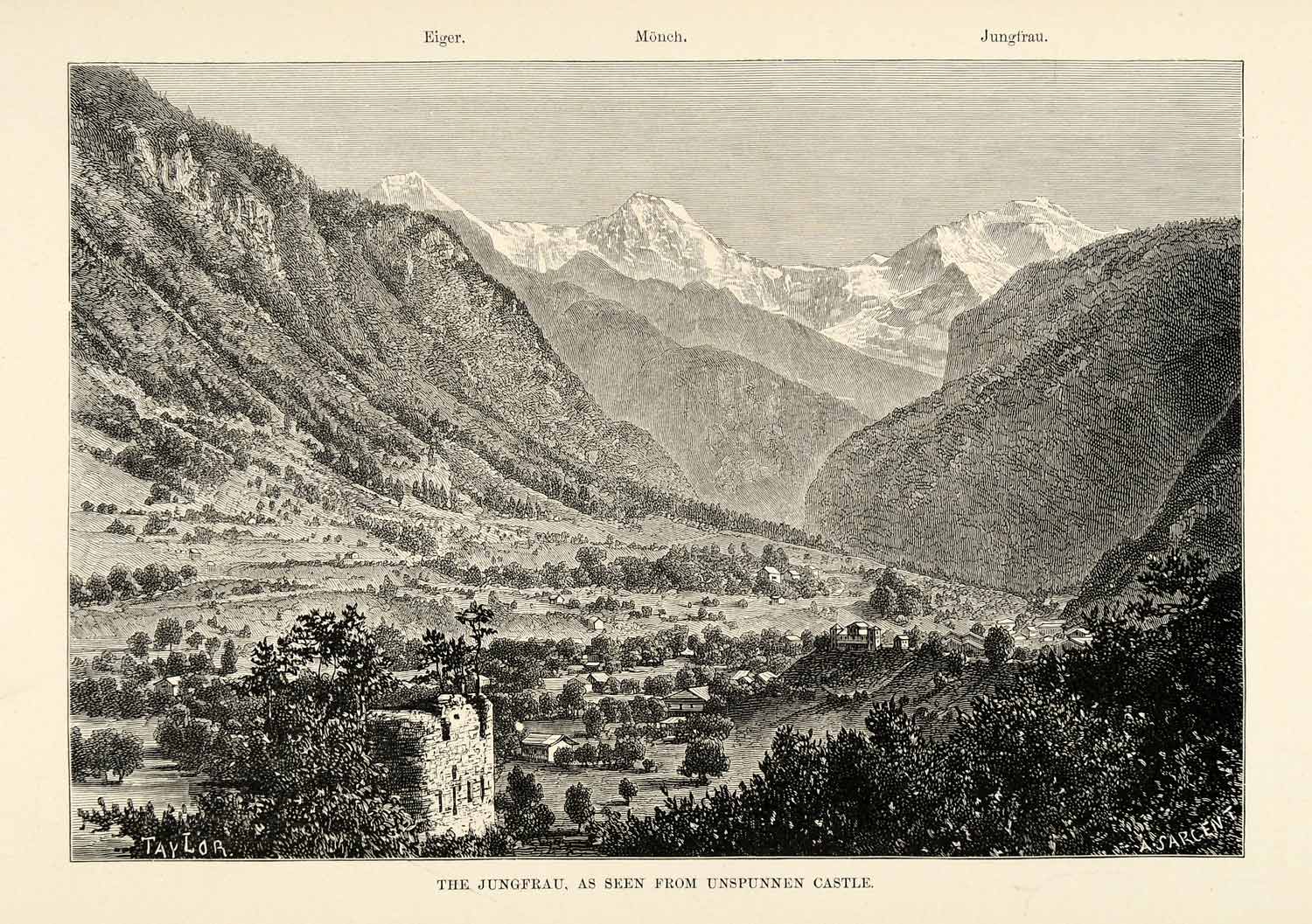 1882 Wood Engraving Jungfrau Bernese Alps Eiger Mountain Landscape XGS6