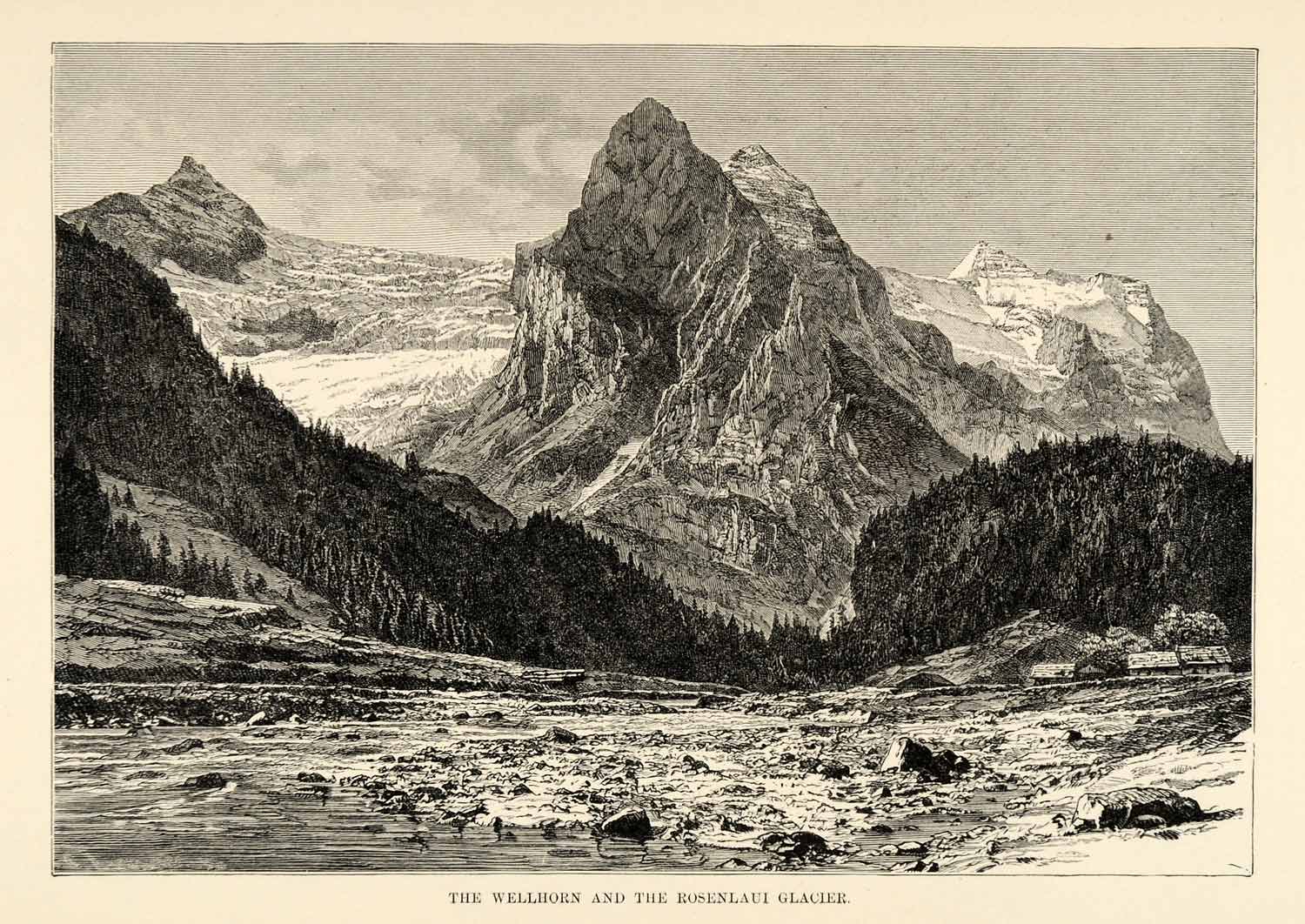 1882 Wood Engraving Art Wellhorn Rosenlaui Glacier Berne Switzerland XGS6
