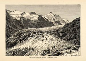 1882 Wood Engraving Grossglockner Mountain Pasterze Glacier Austria XGS6