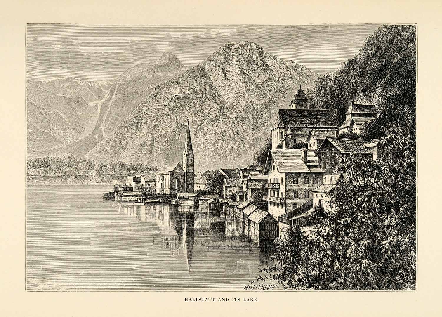 1882 Wood Engraving Hallstatt Salzkammergut Austria Hallstatter Lake XGS6