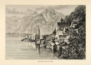 1882 Wood Engraving Hallstatt Salzkammergut Austria Hallstatter Lake XGS6