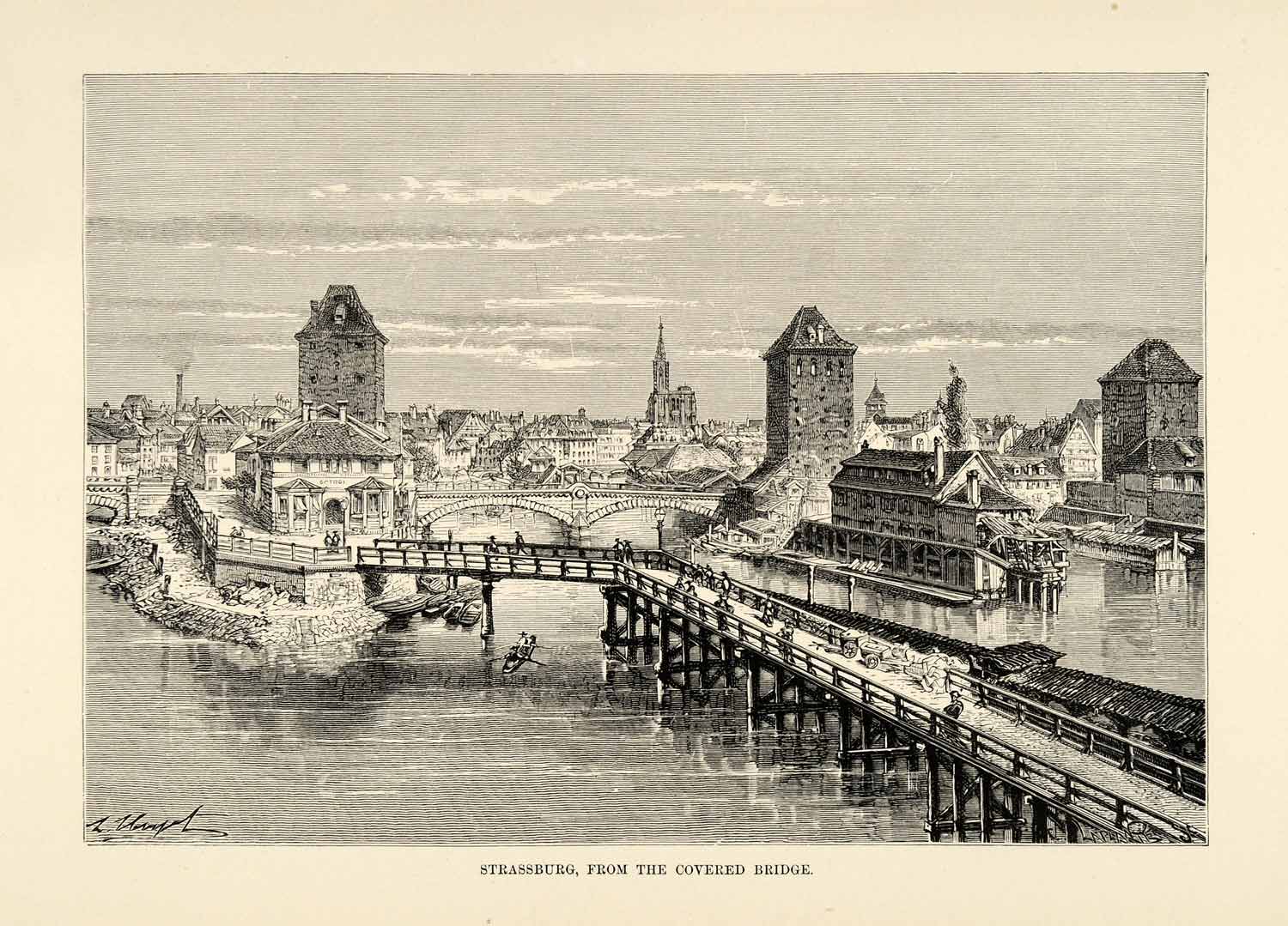 1882 Antique Wood Engraving Art Strasbourg France Cityscape Bridge XGS6